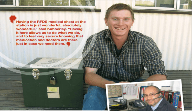 Above: Cameron Fox with Caldervale Station’s medical chest, which contained  the adrenaline that saved his life. Right: Dr Minh in the Cairns Base telehealth  office where he took the call for help from Kimberley Rains