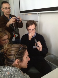 Dr Toby Fogg scopes himself whilst Dr john Vassiliadis takes a photo, Levitan Sydney airway workshop 2013